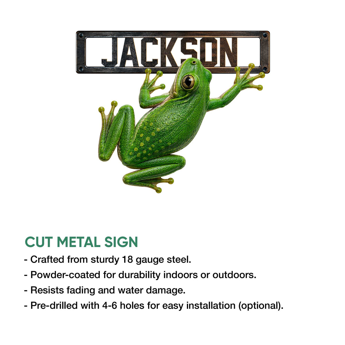 Frog metal sign feature graphic showing a realistic green frog design and cut metal construction