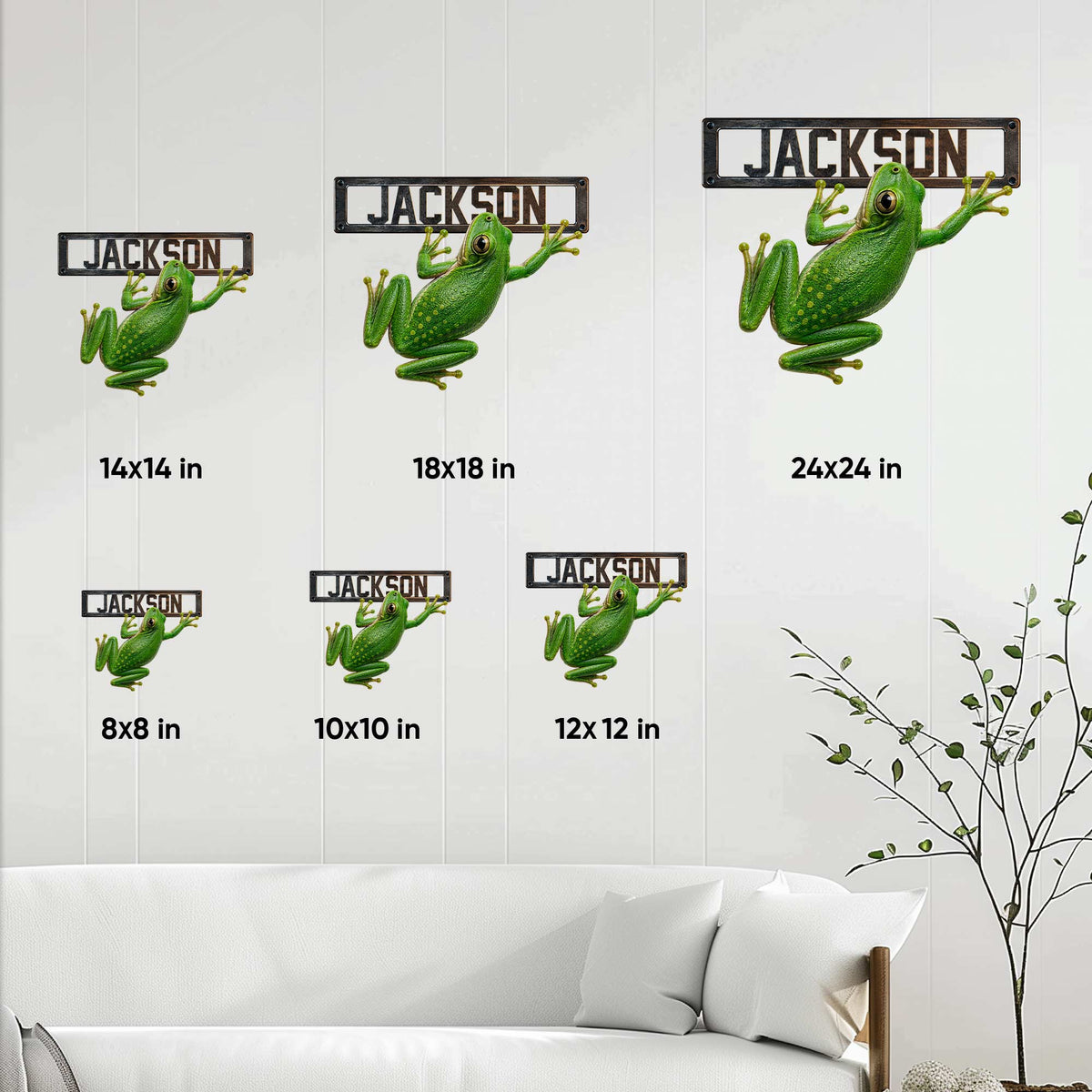 Frog metal sign size guide displaying available square sizes from 8 by 8 to 24 by 24 inches