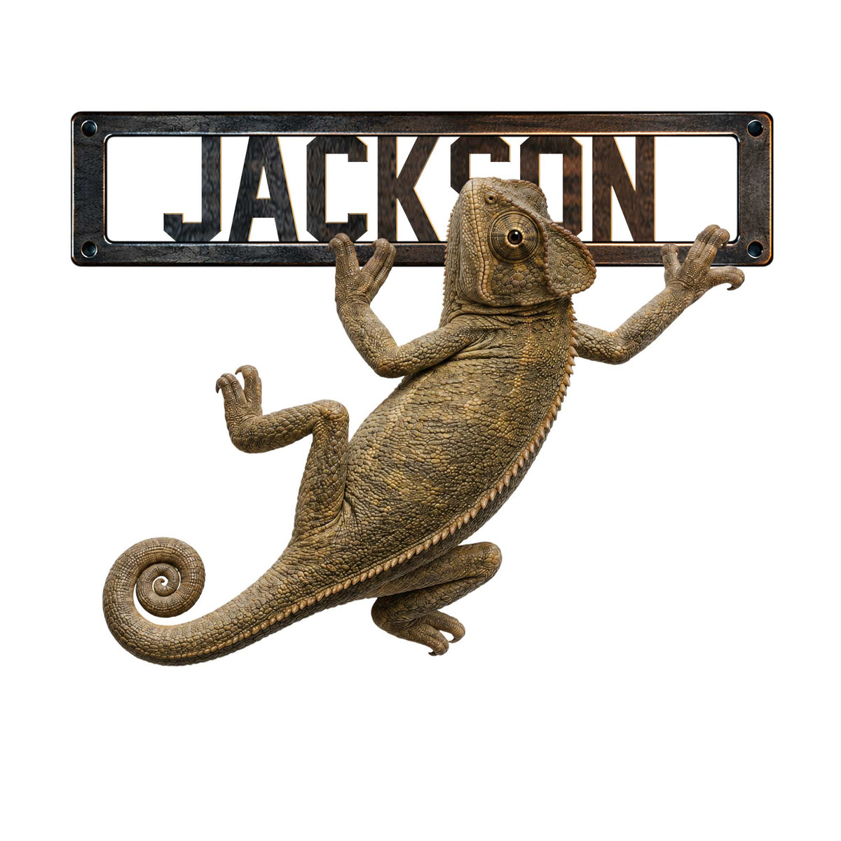 Detailed chameleon metal sign featuring a textured climbing chameleon and bold framed wall lettering