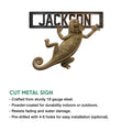 Chameleon metal sign shown as a cut metal wall accent with a realistic curled-tail reptile design