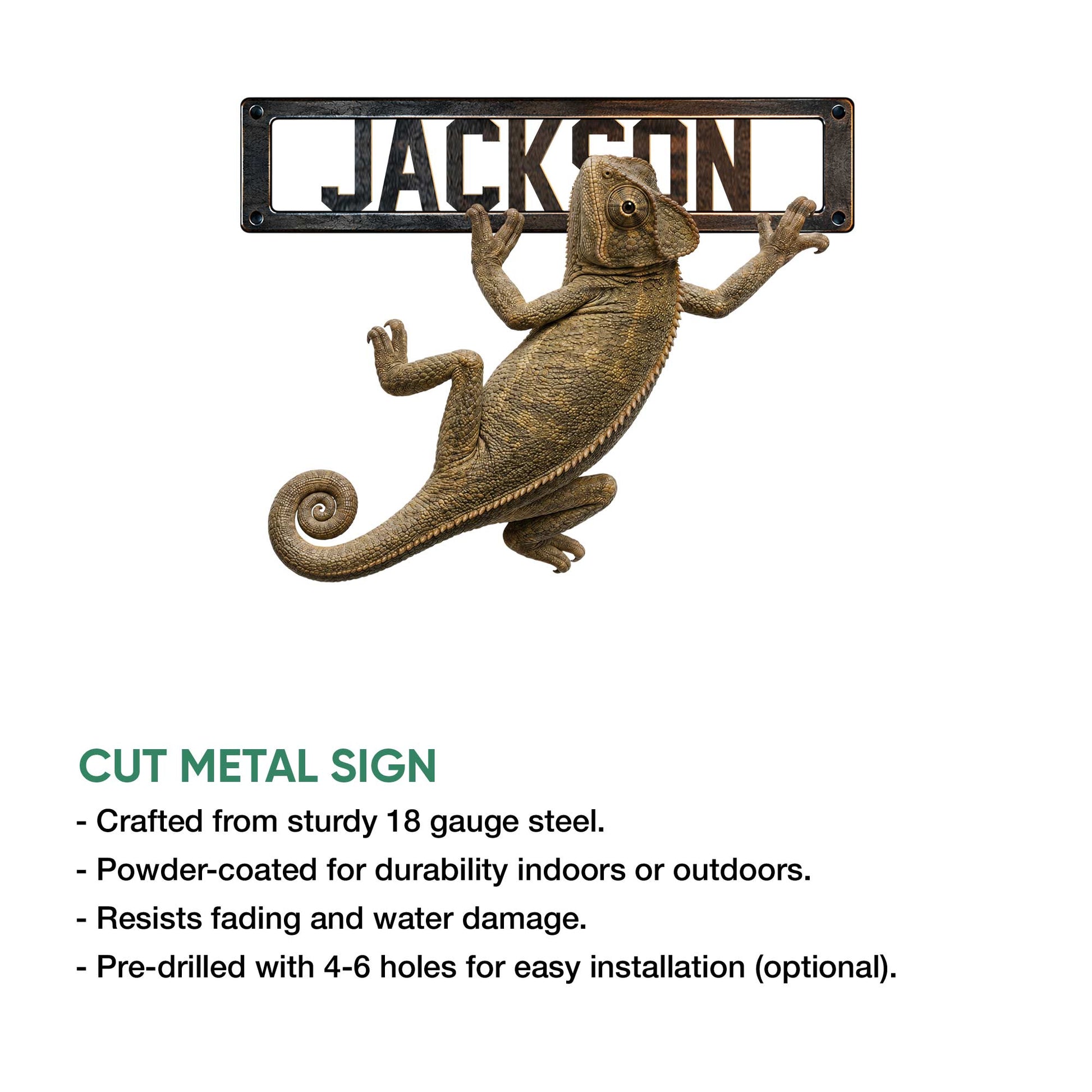 Chameleon metal sign shown as a cut metal wall accent with a realistic curled-tail reptile design