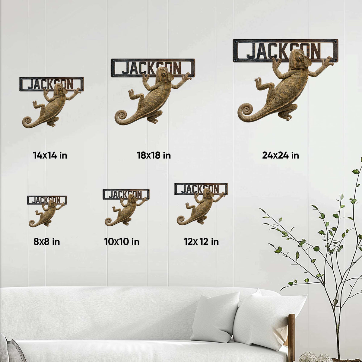 Chameleon metal sign size guide showing available square sizes from 8 by 8 to 24 by 24 inches