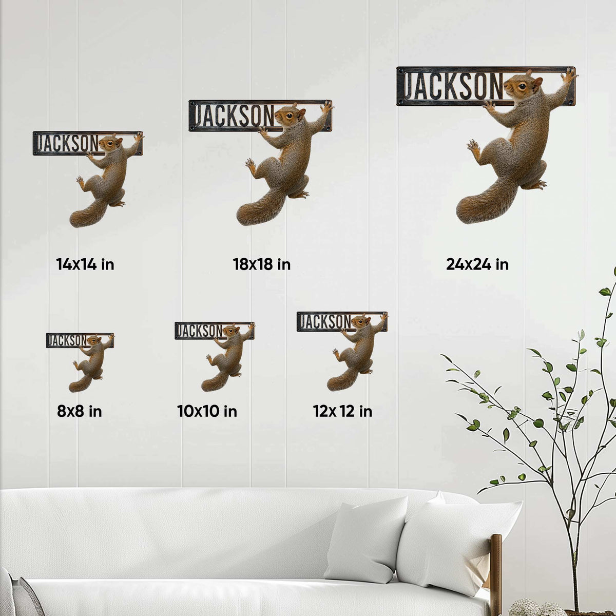 Squirrel metal sign size guide showing available square dimensions from 8 by 8 to 24 by 24 inches
