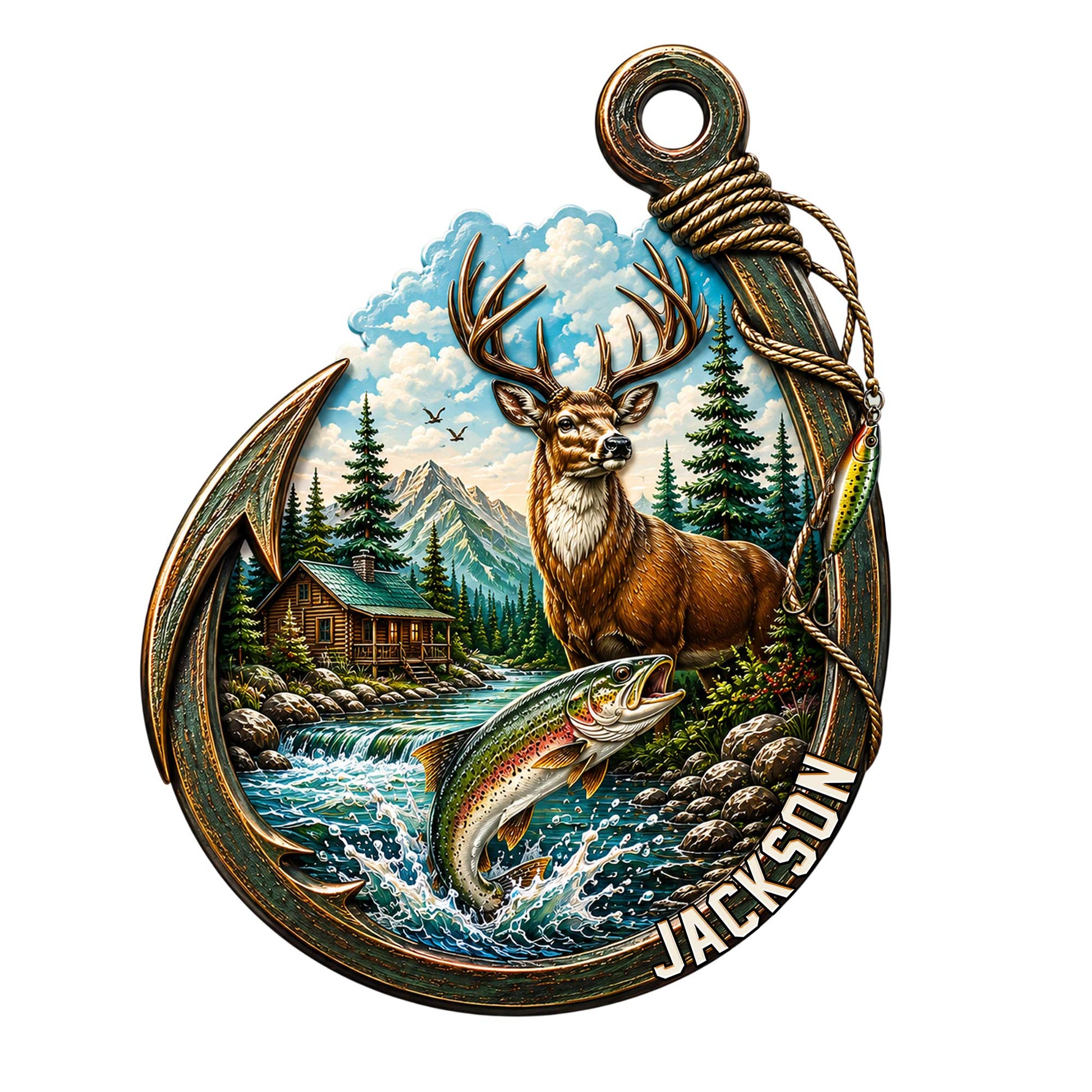 Custom fishing metal sign featuring a leaping trout, deer, mountain stream, cabin, and anchor-shaped frame