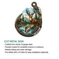 Fishing metal sign displayed with a detailed trout, deer, river cabin, forest, and mountain outdoor scene