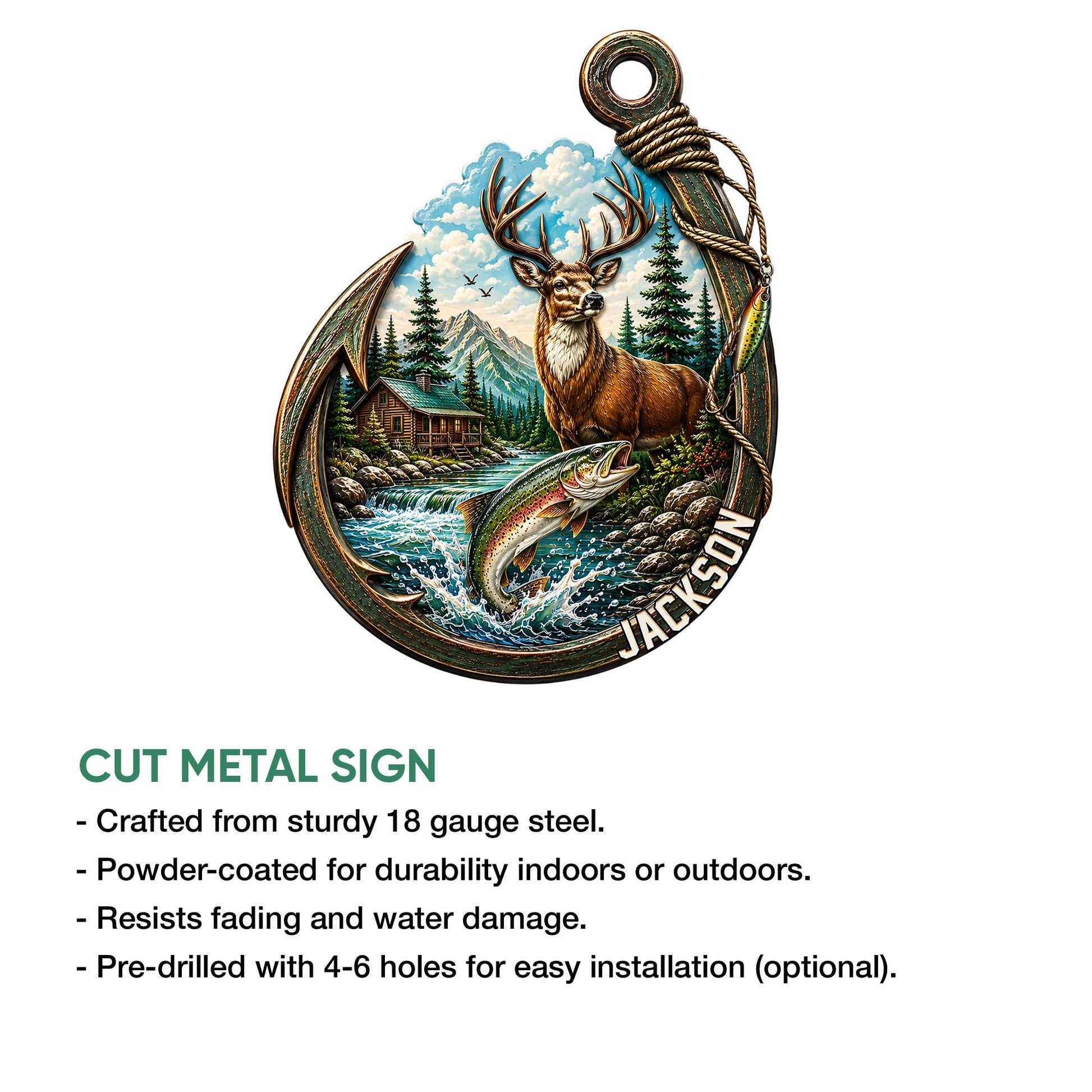 Fishing metal sign displayed with a detailed trout, deer, river cabin, forest, and mountain outdoor scene