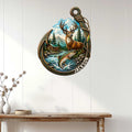 Rustic fishing wall decor hanging on a white wood wall, featuring a trout, deer, river, cabin, and forest