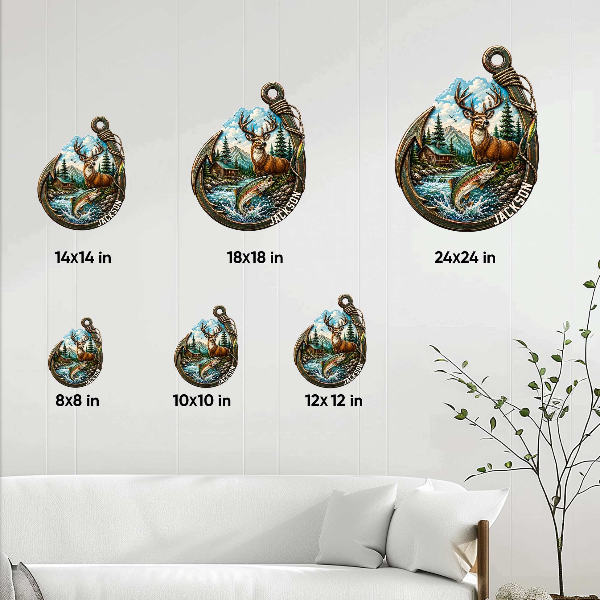Fishing metal sign size guide showing available 8, 10, 12, 14, 18, and 24 inch options