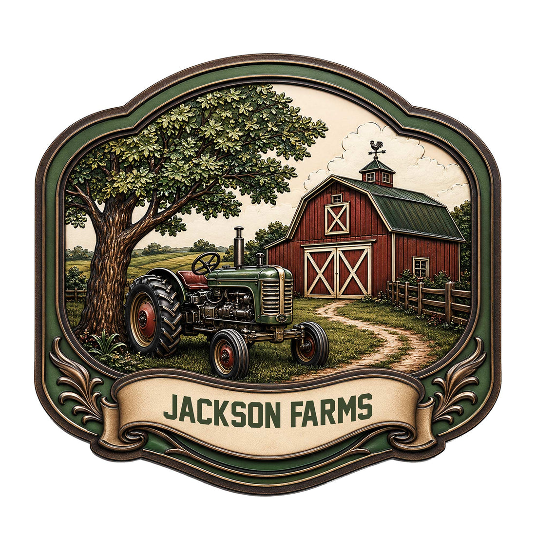 Decorative tractor metal sign featuring a vintage farm tractor, red barn, oak tree, and rural countryside scene