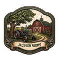 Decorative tractor metal sign featuring a vintage farm tractor, red barn, oak tree, and rural countryside scene