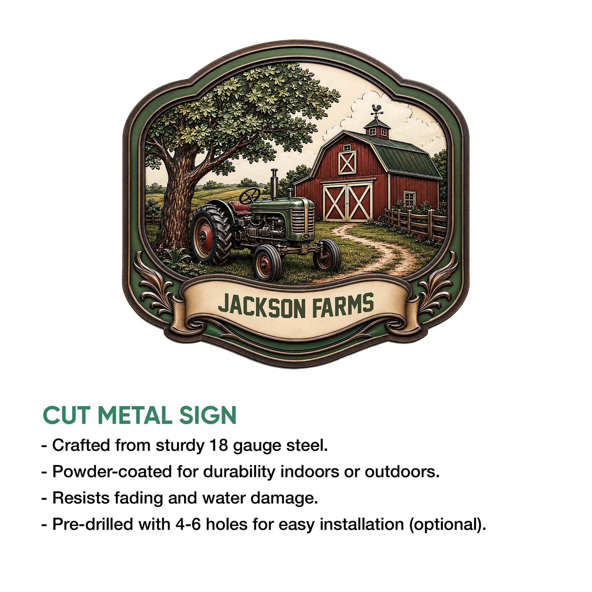 Tractor farm metal sign feature graphic showing the cut sign design and listed installation features