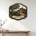 Tractor farmhouse wall decor displayed on a white paneled wall above a rustic console table