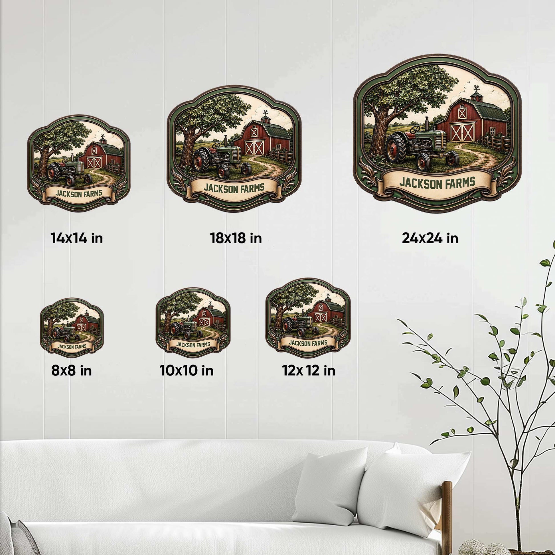 Farm tractor metal sign shown in multiple size options on a bright farmhouse living room wall