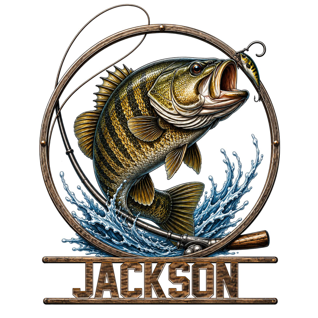 Detailed bass fishing metal sign featuring a leaping fish, fishing rod, lure, and blue water splash