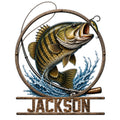 Detailed bass fishing metal sign featuring a leaping fish, fishing rod, lure, and blue water splash