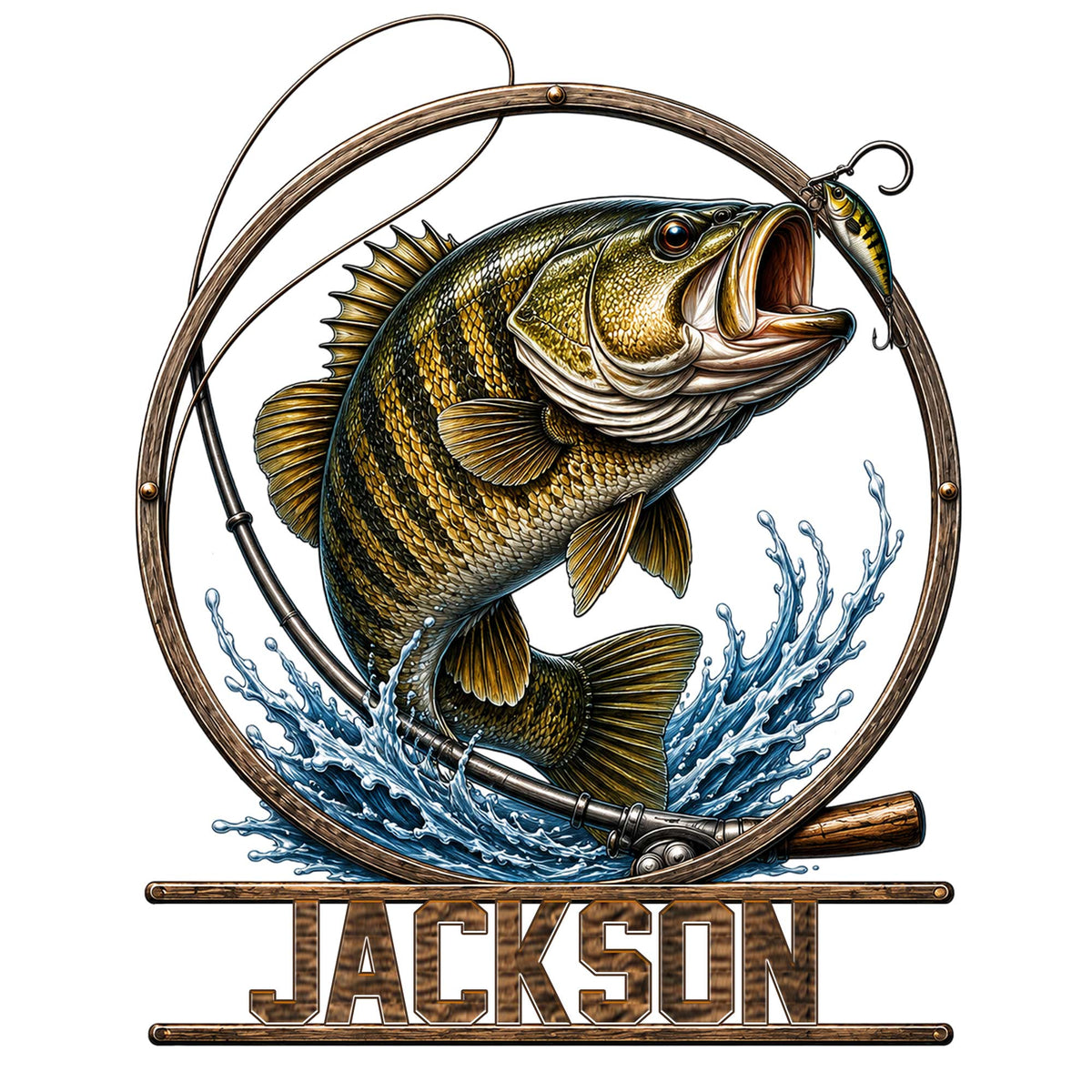 Detailed bass fishing metal sign featuring a leaping fish, fishing rod, lure, and blue water splash