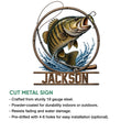 Bass fishing metal sign feature graphic highlighting the cut-metal design for indoor or outdoor decor