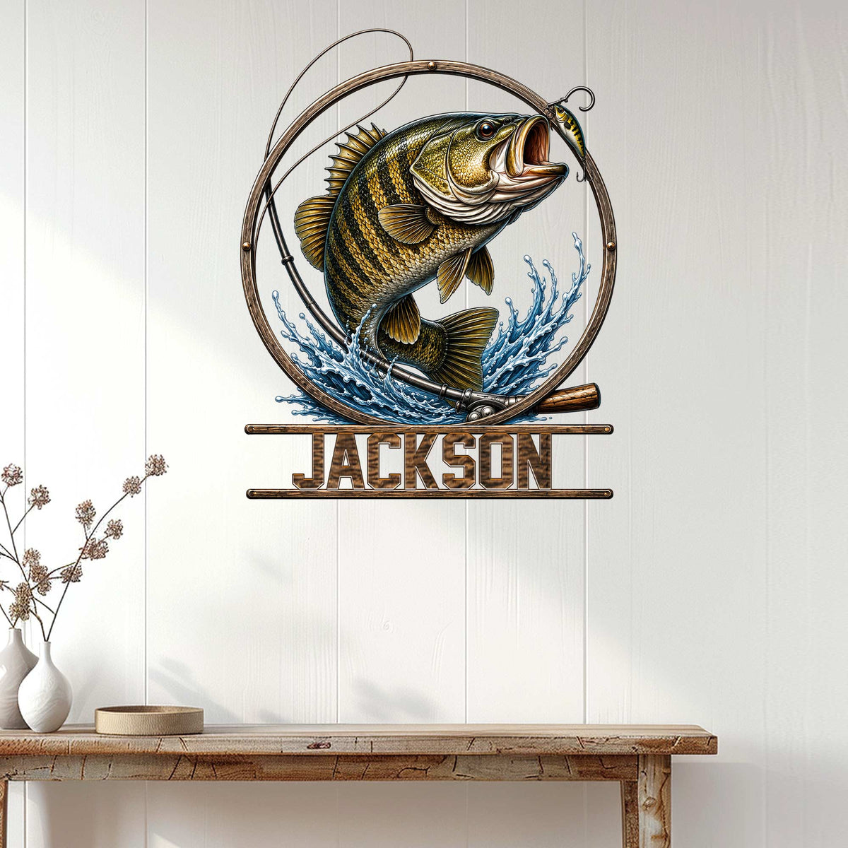 Bass fishing wall sign displayed on a light wood-paneled wall above a rustic console table