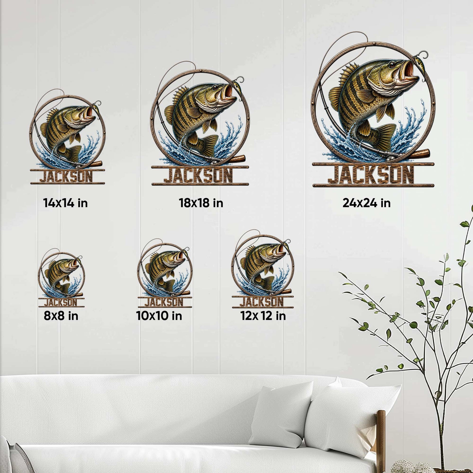 Bass fishing metal sign shown in multiple size options on a bright living room wall