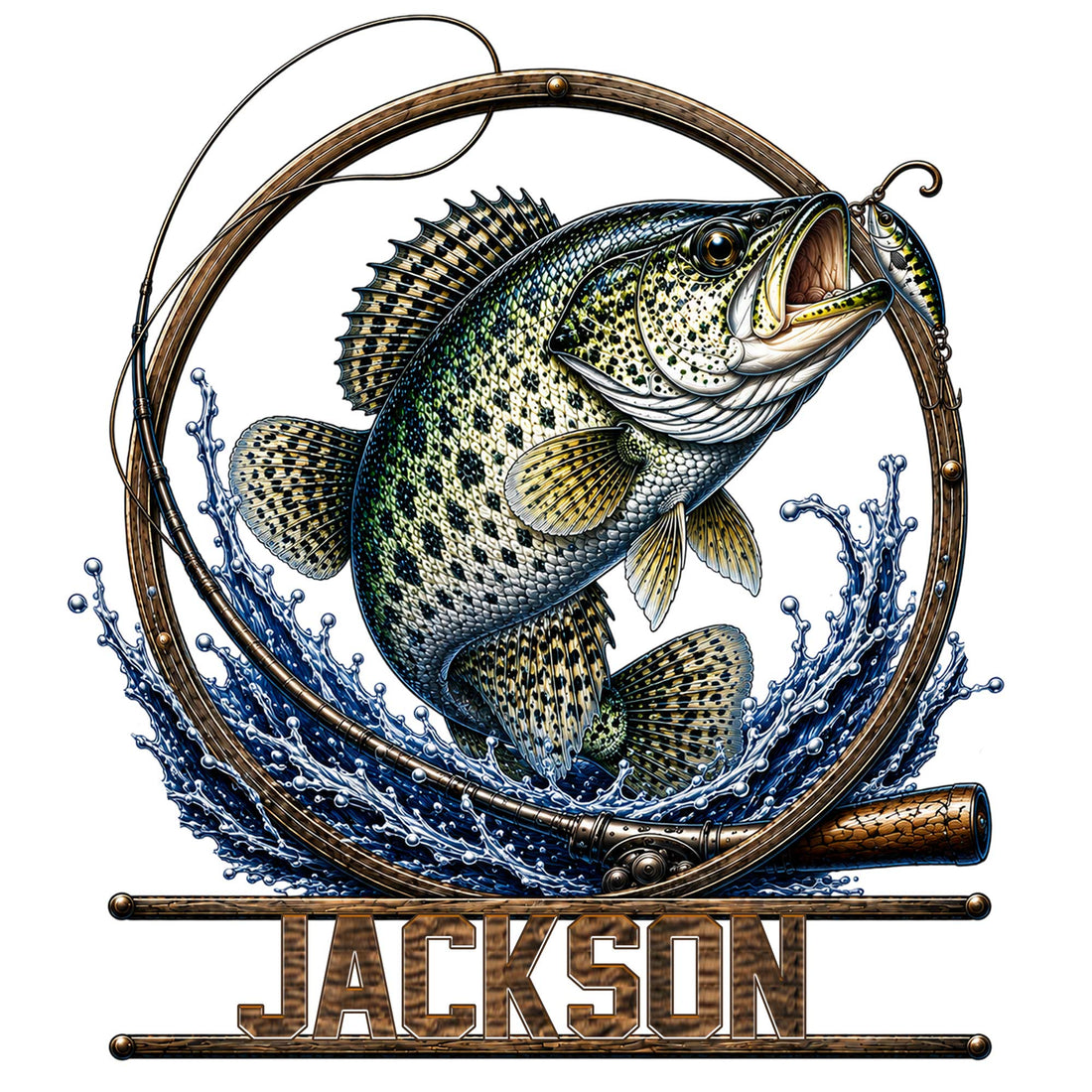 Detailed bass fishing metal sign featuring a leaping fish, fishing rod, lure, and splashing water
