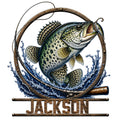 Detailed bass fishing metal sign featuring a leaping fish, fishing rod, lure, and splashing water