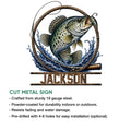 Bass fishing metal sign feature graphic showing the cut-metal artwork and product presentation