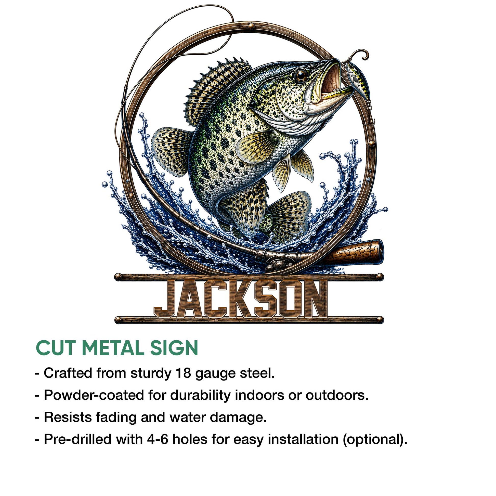 Bass fishing metal sign feature graphic showing the cut-metal artwork and product presentation