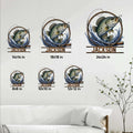 Bass fishing metal sign size guide showing multiple square size options in a home decor setting