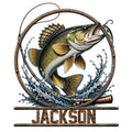 Custom fishing metal sign featuring a leaping bass, fishing rod, lure, and splashing waves