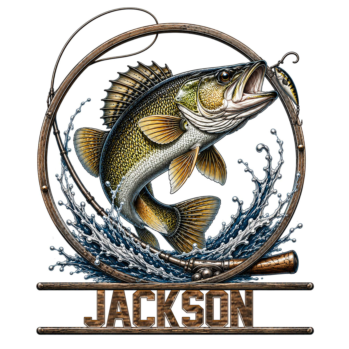 Custom fishing metal sign featuring a leaping bass, fishing rod, lure, and splashing waves