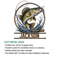 Fishing metal sign artwork with a detailed bass, curved rod, colorful lure, and dynamic water splashes