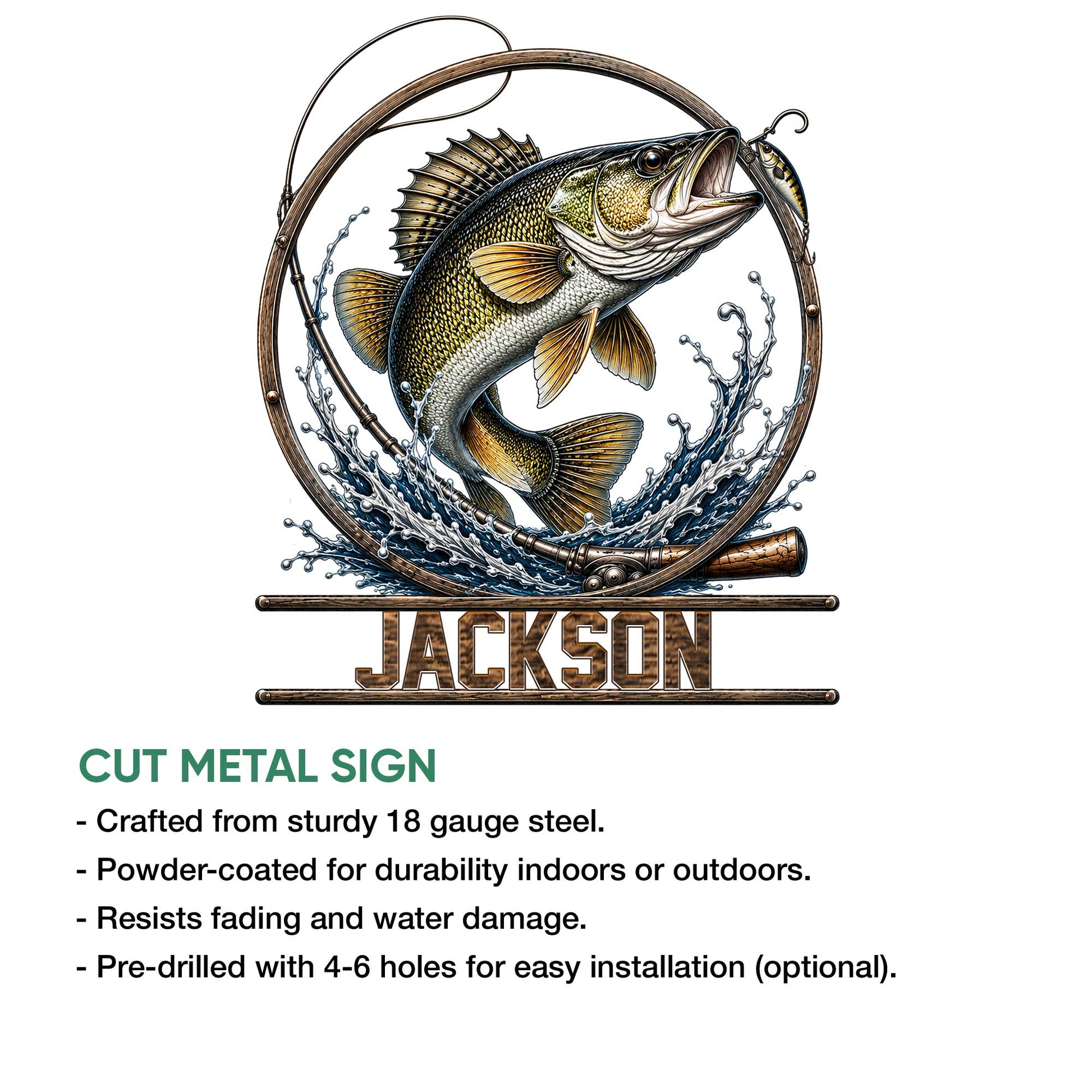 Fishing metal sign artwork with a detailed bass, curved rod, colorful lure, and dynamic water splashes