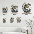 Fishing sign size guide showing the bass and fishing rod design in multiple square size options