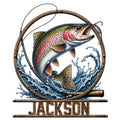 Custom trout fishing metal sign featuring a leaping trout, fishing rod, lure, and splashing water
