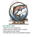 Trout fishing metal sign feature graphic showing a detailed fish design with rod, lure, and water accents