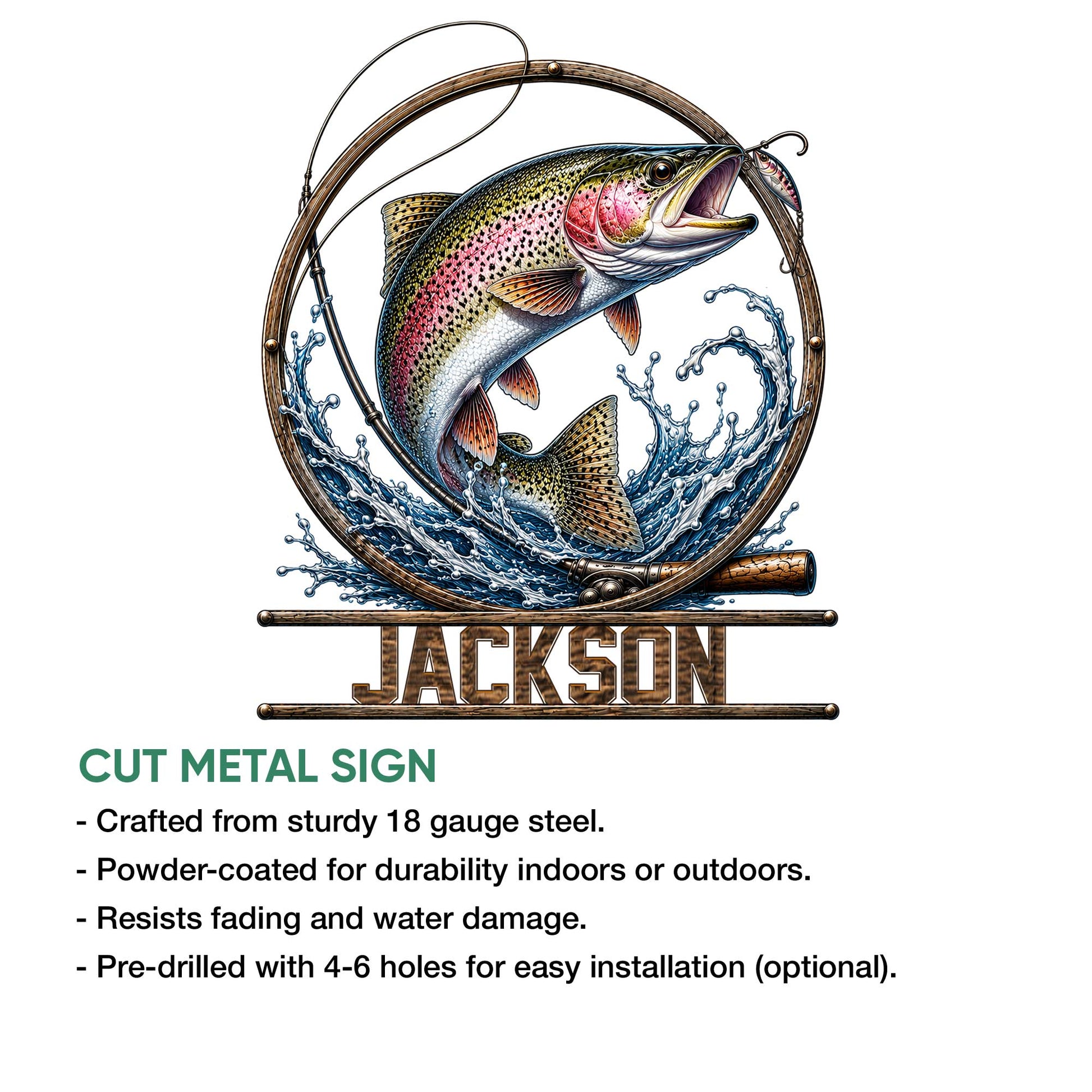 Trout fishing metal sign feature graphic showing a detailed fish design with rod, lure, and water accents