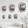 Trout fishing metal sign size guide showing six available sizes in a living room setting