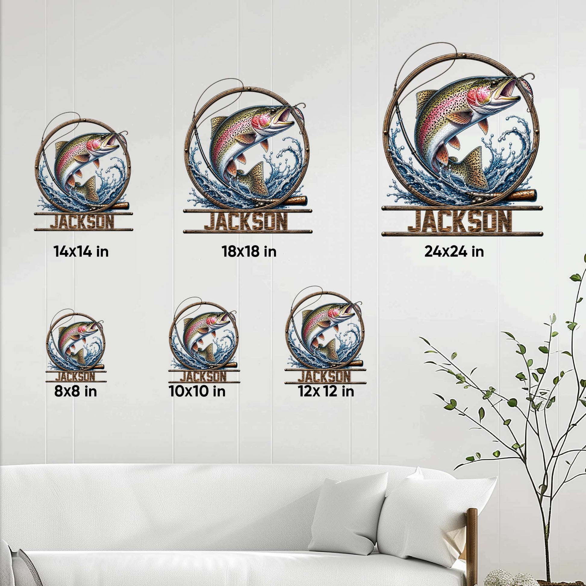 Trout fishing metal sign size guide showing six available sizes in a living room setting