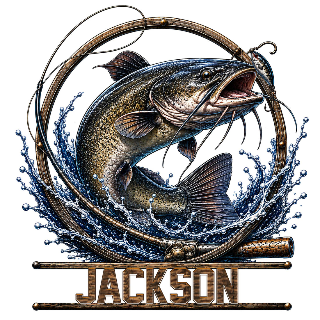 Detailed catfish fishing metal sign featuring a leaping catfish, fishing rod, lure, and splashing water