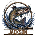Detailed catfish fishing metal sign featuring a leaping catfish, fishing rod, lure, and splashing water