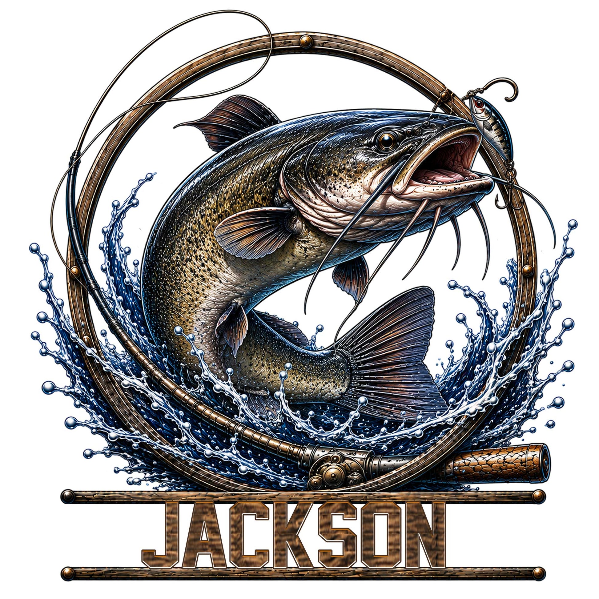 Detailed catfish fishing metal sign featuring a leaping catfish, fishing rod, lure, and splashing water
