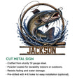 Catfish fishing cut metal sign featuring a dramatic fish illustration framed by a rod, lure, and waves