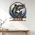Custom catfish fishing wall sign displayed on white paneled decor above a rustic console table