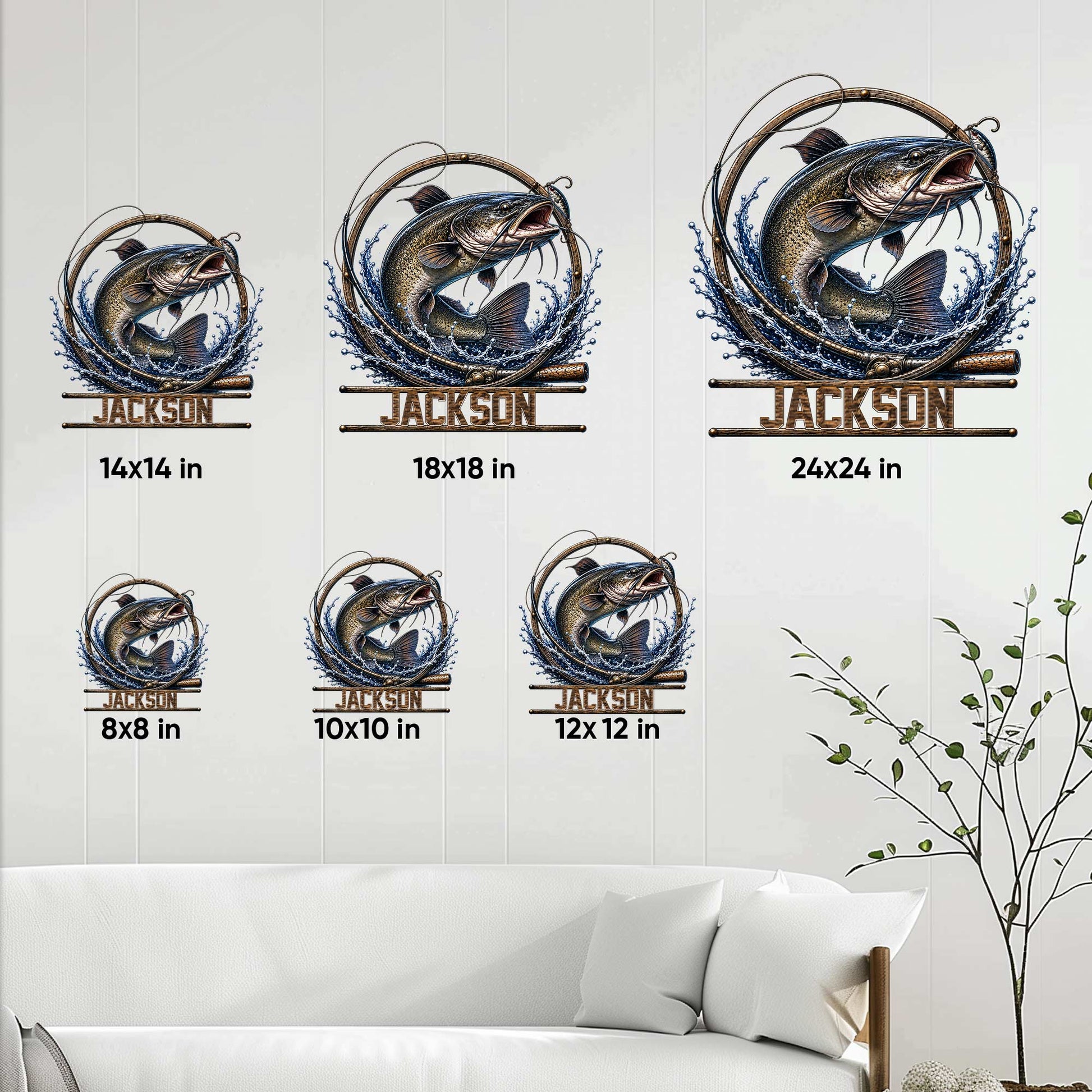 Catfish fishing metal sign size guide showing available square sizes from 8 by 8 to 24 by 24 inches