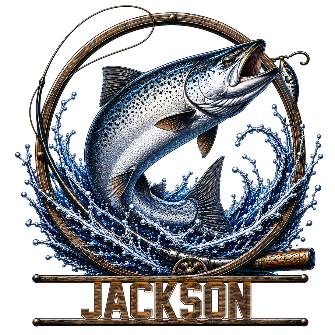 Custom fishing metal sign featuring a leaping fish, fishing rod, lure, splashing water, and rustic framing