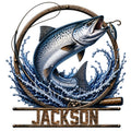 Custom fishing metal sign featuring a leaping fish, fishing rod, lure, splashing water, and rustic framing