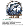 Fishing metal sign artwork with a leaping fish, curling rod, lure, water splash, and bold lower name detail