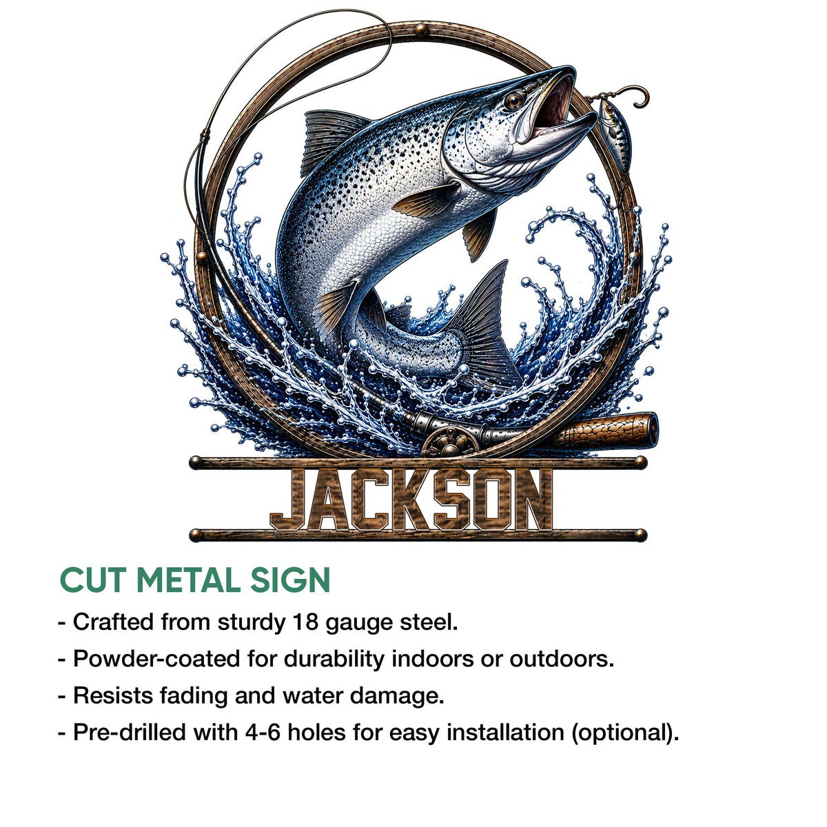 Fishing metal sign artwork with a leaping fish, curling rod, lure, water splash, and bold lower name detail
