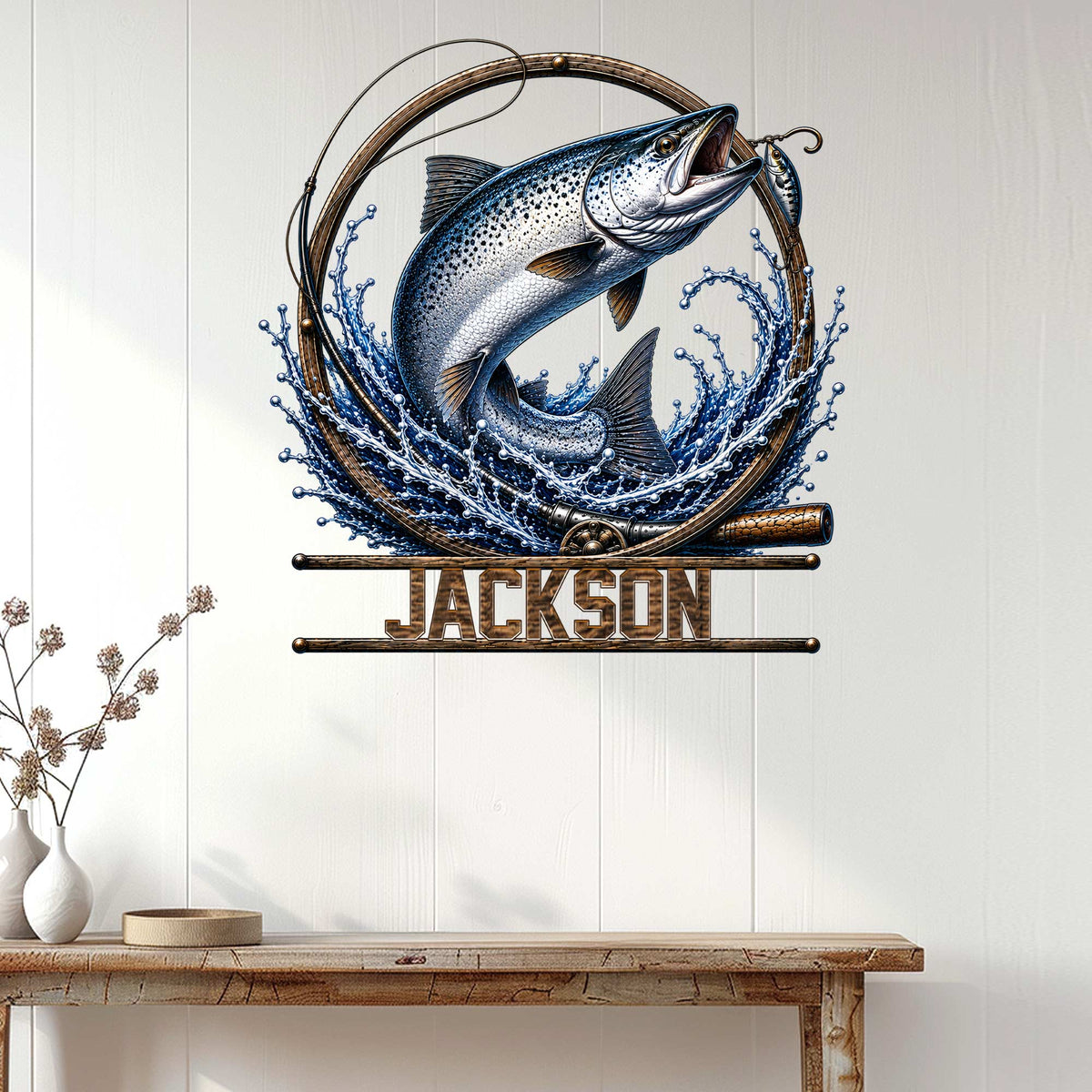 Fishing wall decor displayed above a console table, featuring a leaping fish and dramatic blue water design