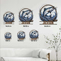 Fishing metal sign size guide showing the artwork in six sizes from 8 by 8 to 24 by 24 inches